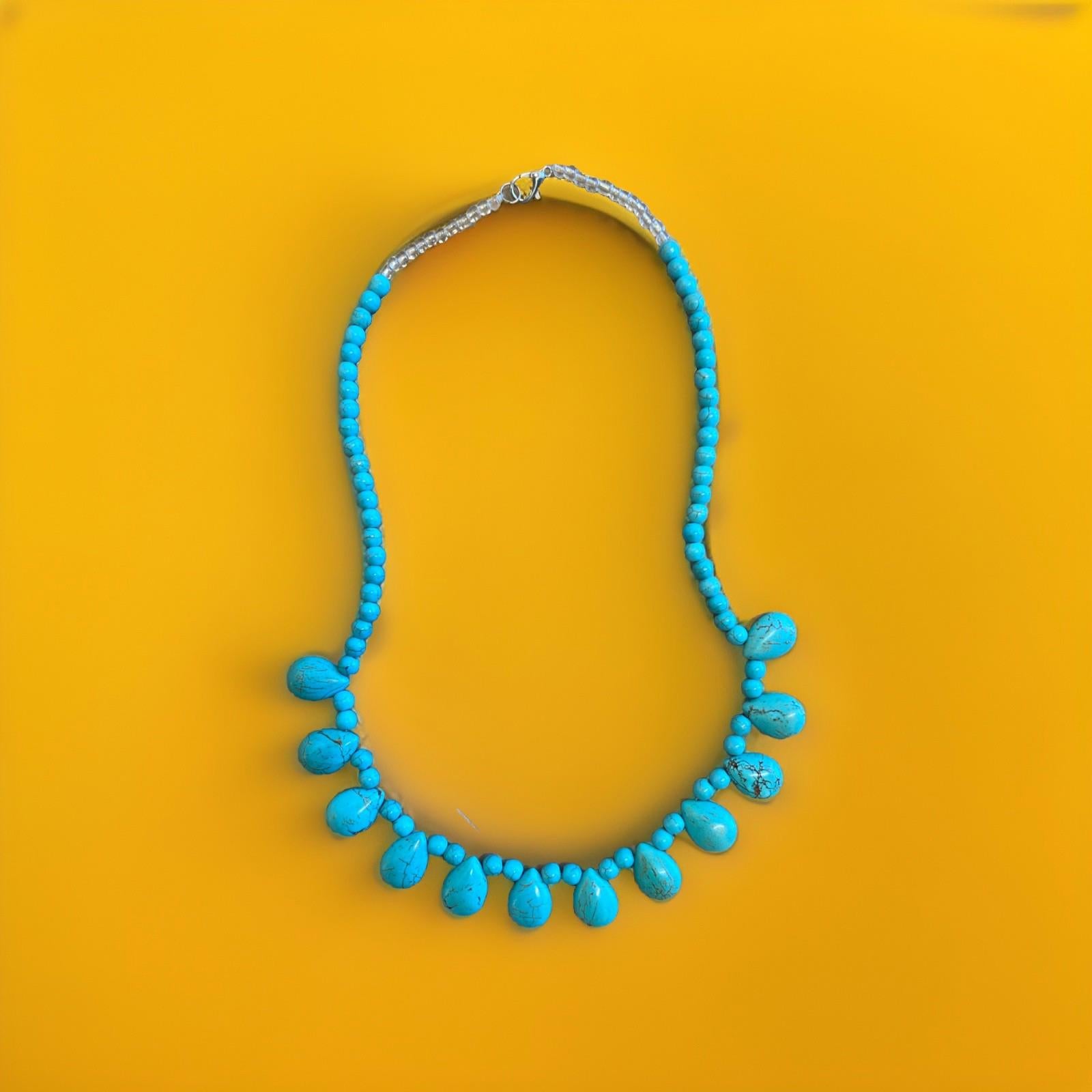 Hand Beaded (Faux?) Turquoise Teardrop Necklace Silver Tone 21 inches long