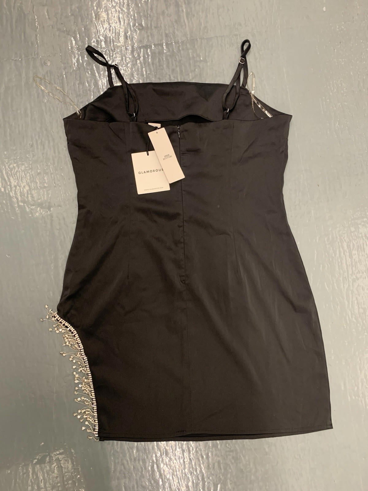 NWT Glamorous Urban Outfitters Black Satin Rhinestone Fringe Mini Dress Size L