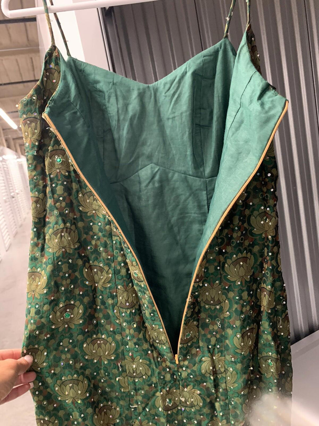 VTG 1960s Handmade Beaded Green & Gold Brocade Dress & Matching  Over Coat Set