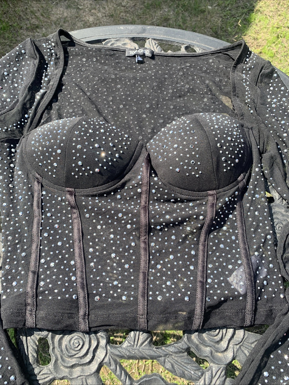 Ultra Sparkle Rhinestone Long Sleeve Sheer Corset Top Size Large
