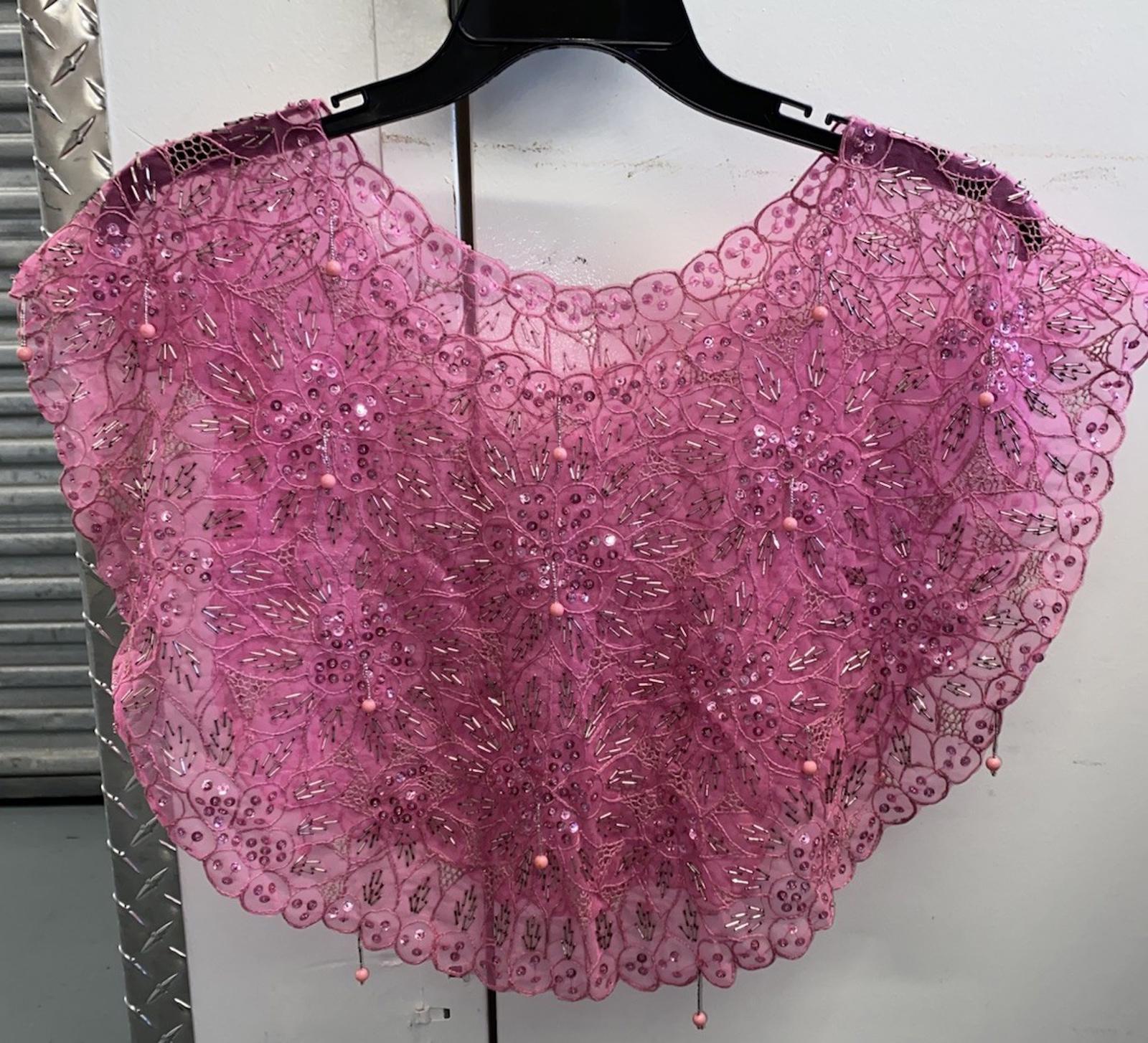 Hand Beaded VTG Pink Sequin Flower Sheer Capelet Shawl Burlesque Bowlero