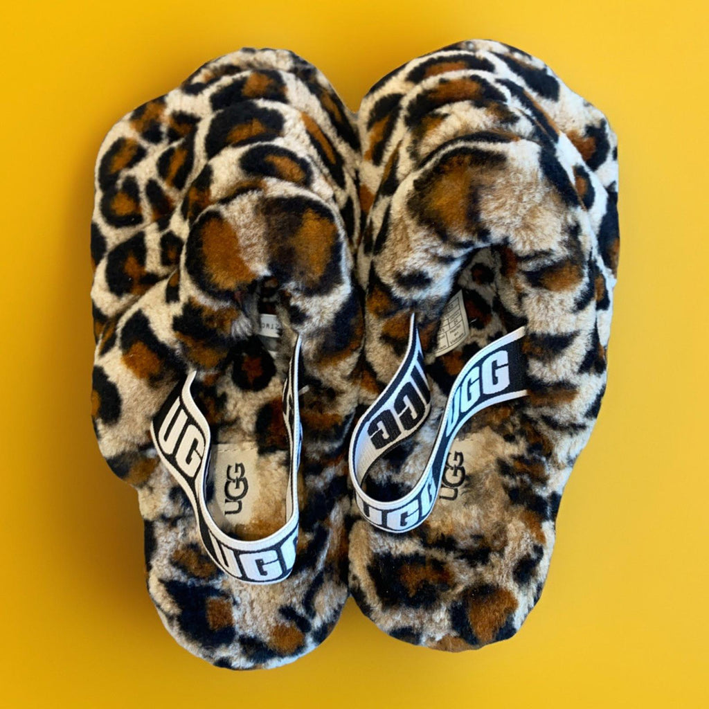 UGG FLUFF YEAH AMPHORA SLIDE LEOPARD SLINGBACK SANDALS SLIPPERS Size 7 USA Wom