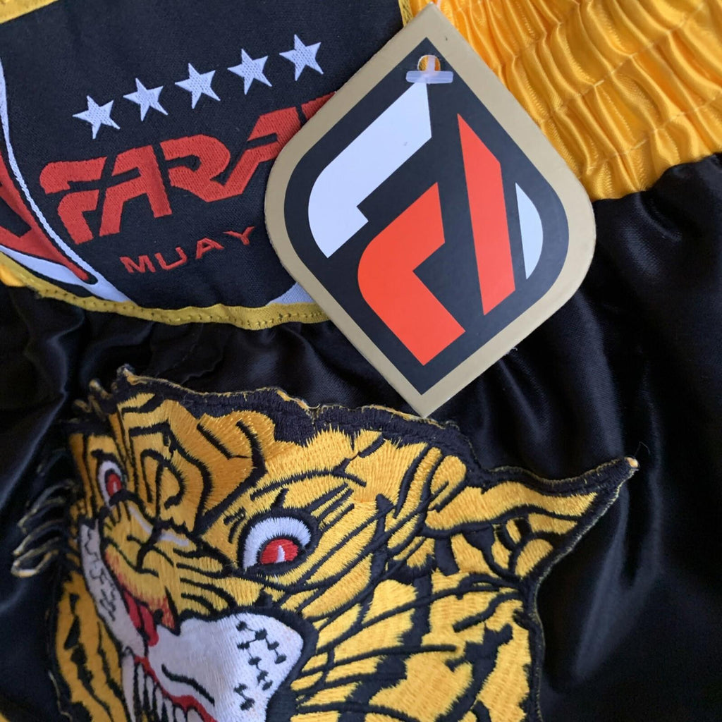 Farabi Muay Thai Kick Boxing Training Satin Black Gold Short Tiger Embroidery