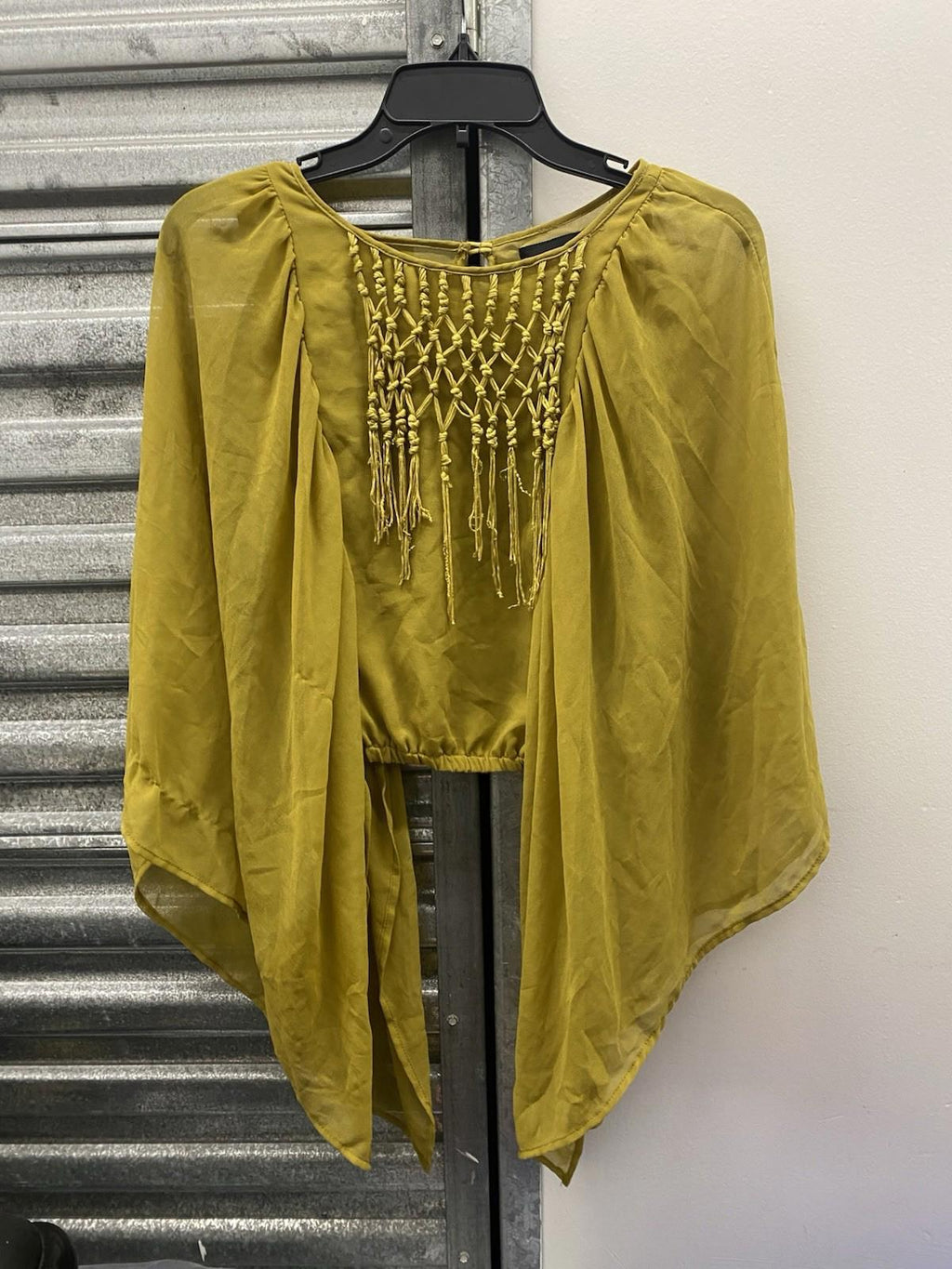 Gorgeous Mustard Yellow Sheer Kaftan Blouse Macrame Neckline Batwing Sleeve Med
