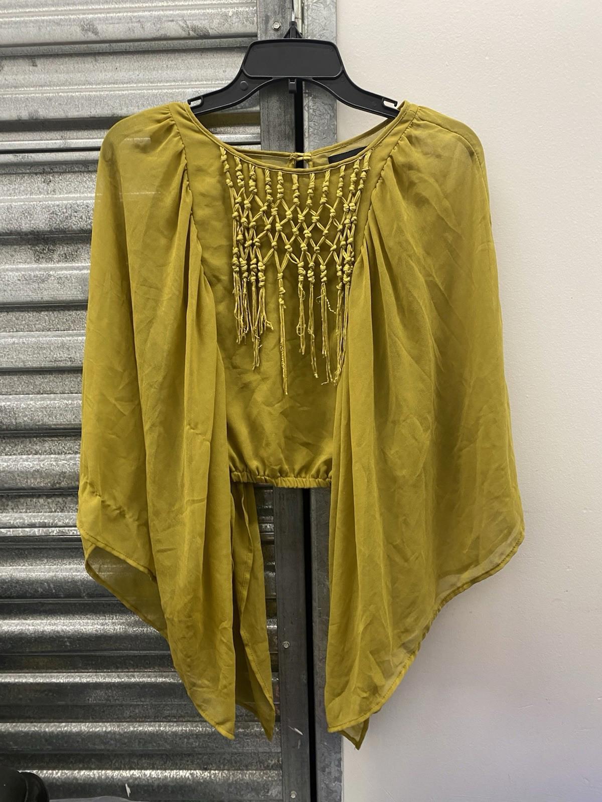 Gorgeous Mustard Yellow Sheer Kaftan Blouse Macrame Neckline Batwing Sleeve Med
