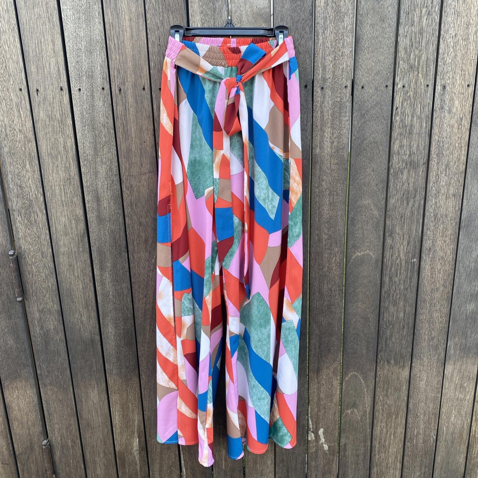 Luukse Wide Leg Elastic Waistband Belt Retro Palazzo Pants Open Slit Sides Med