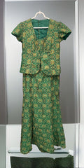 VTG 1960s Handmade Beaded Green & Gold Brocade Dress & Matching  Over Coat Set