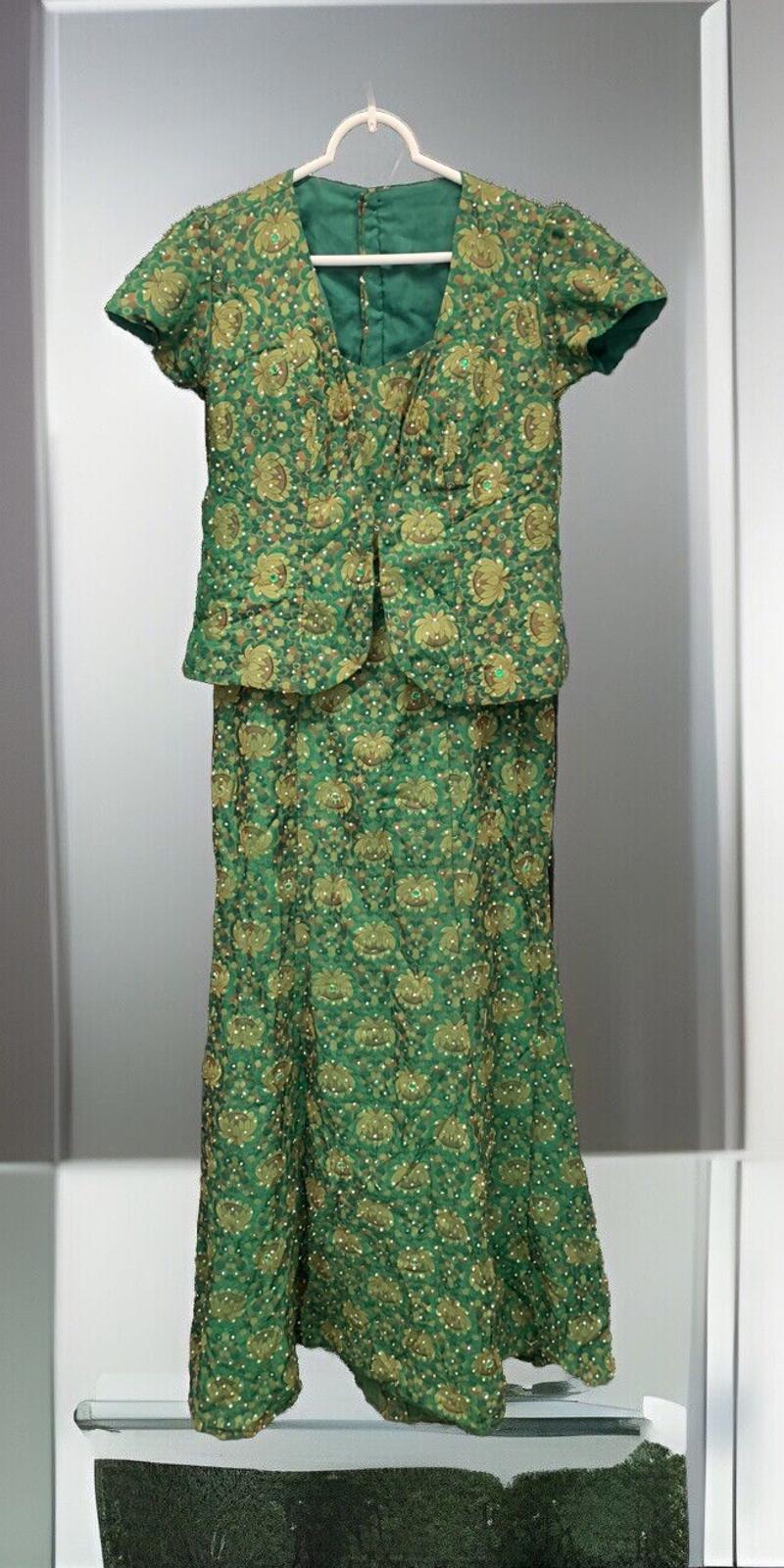 VTG 1960s Handmade Beaded Green & Gold Brocade Dress & Matching  Over Coat Set