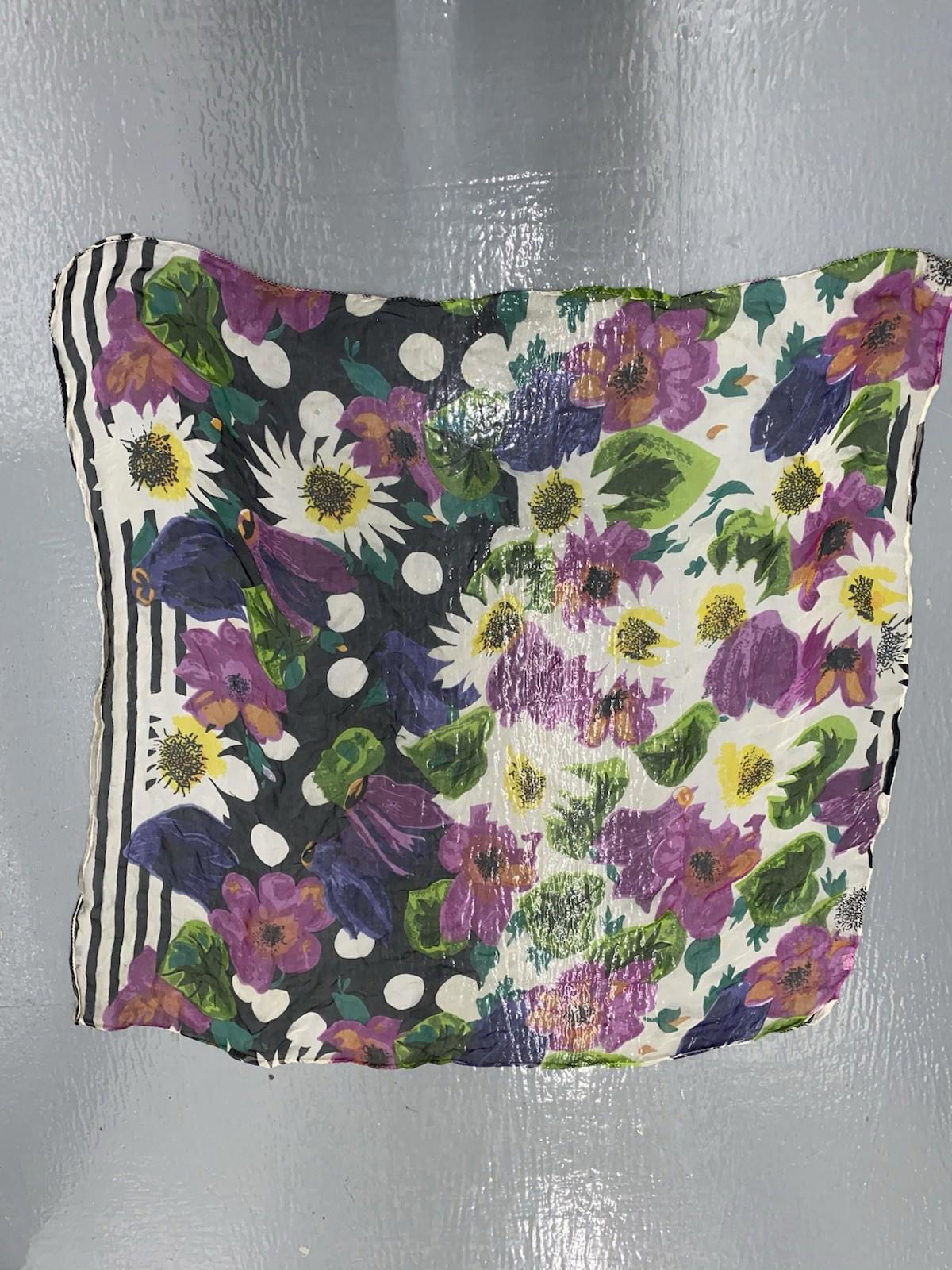 Hand rolled 1980’s Vintage Striped Floral Print Scarf Sheer 40x40