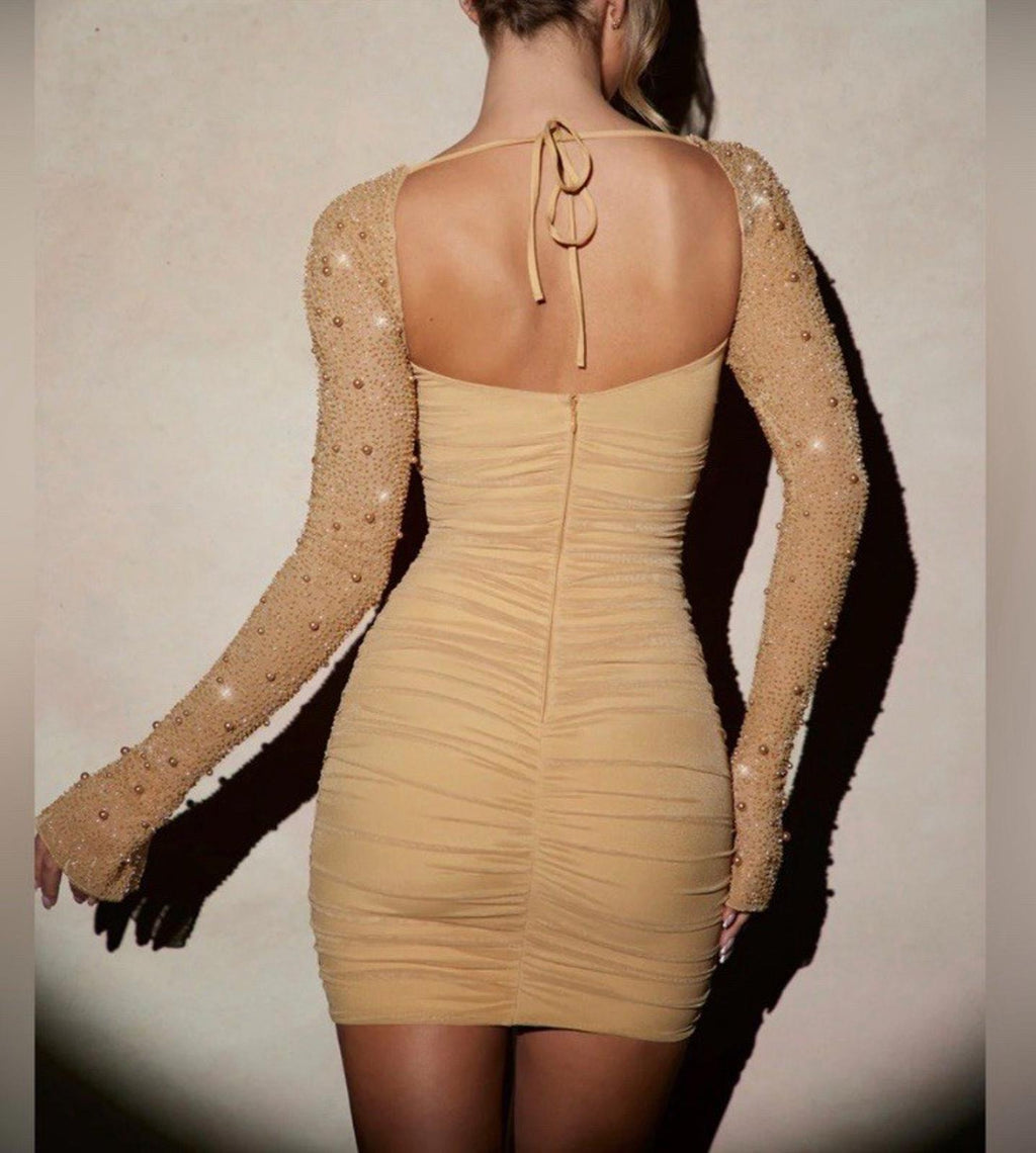 Oh Polly St. Germain Embellished Beaded Pearls long sleeve Mini Dress in Sand 6