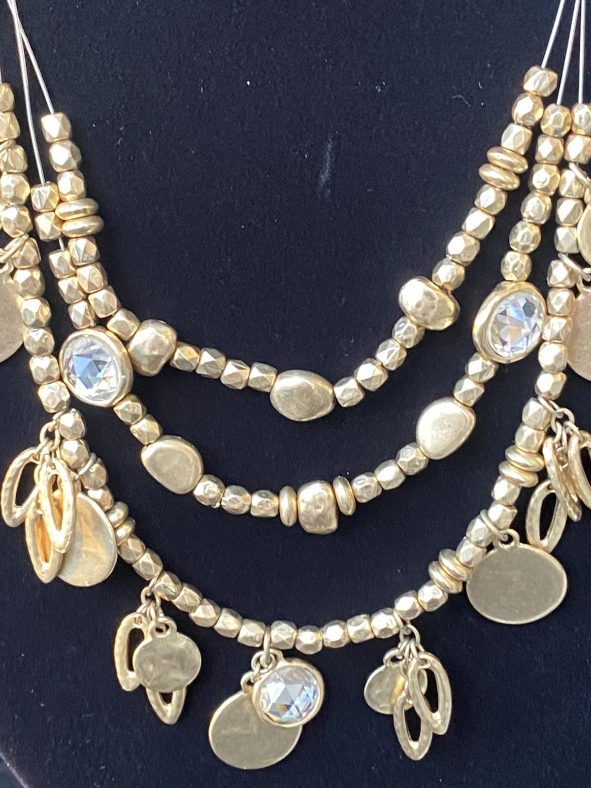 VTG Chico’s Triple Strand Gold Tone Rhinestone Coin Layered Illusion Necklace