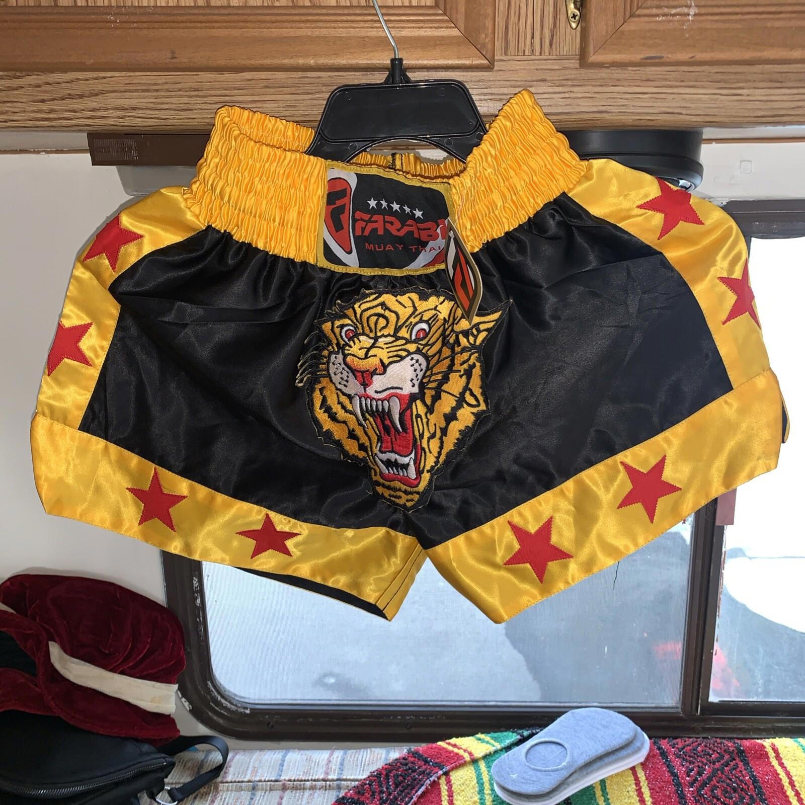 Farabi Muay Thai Kick Boxing Training Satin Black Gold Short Tiger Embroidery