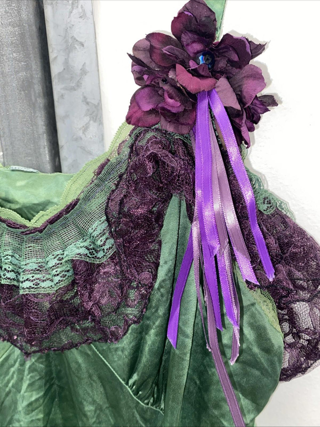 Handmade VTG Tinkerbell Flapper Style Dress W/ Beaded Purple Flower Appliqués XL