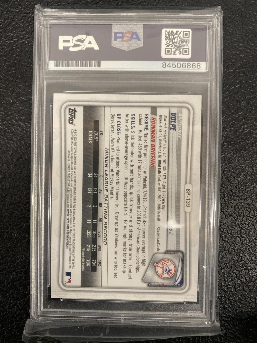 2020 BOWMAN YANKEES #BP-139 ANTHONY VOLPE SIGNED RC ROOKIE PSA/DNA AUTO MLB