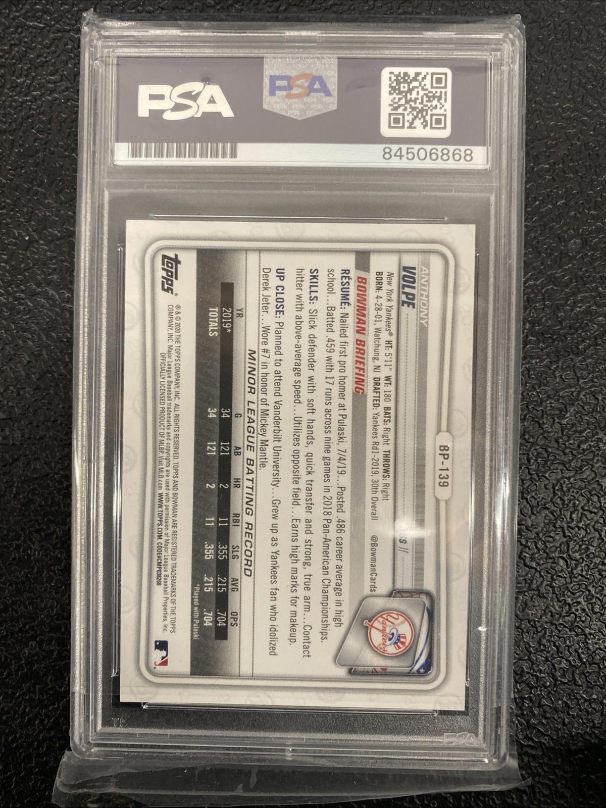 2020 BOWMAN YANKEES #BP-139 ANTHONY VOLPE SIGNED RC ROOKIE PSA/DNA AUTO MLB
