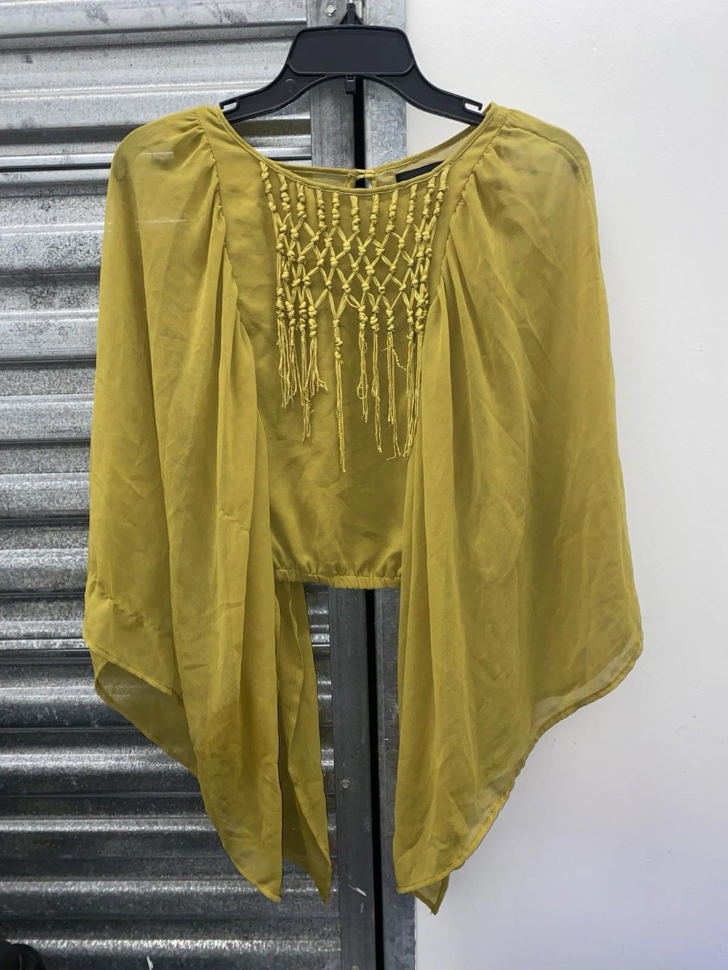 Gorgeous Mustard Yellow Sheer Kaftan Blouse Macrame Neckline Batwing Sleeve Med