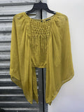 Gorgeous Mustard Yellow Sheer Kaftan Blouse Macrame Neckline Batwing Sleeve Med