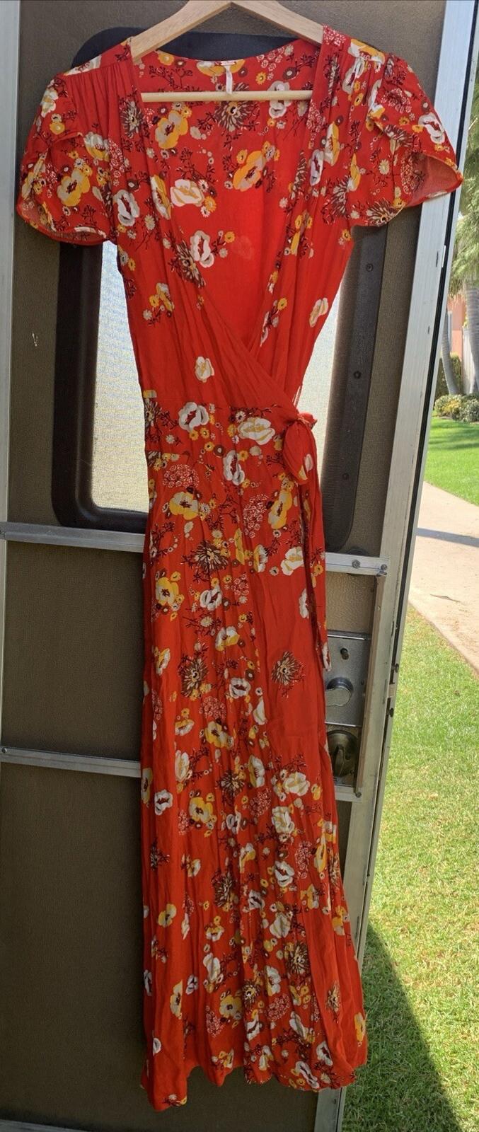 Free People Red Floral Print Wrap Dress Size Small