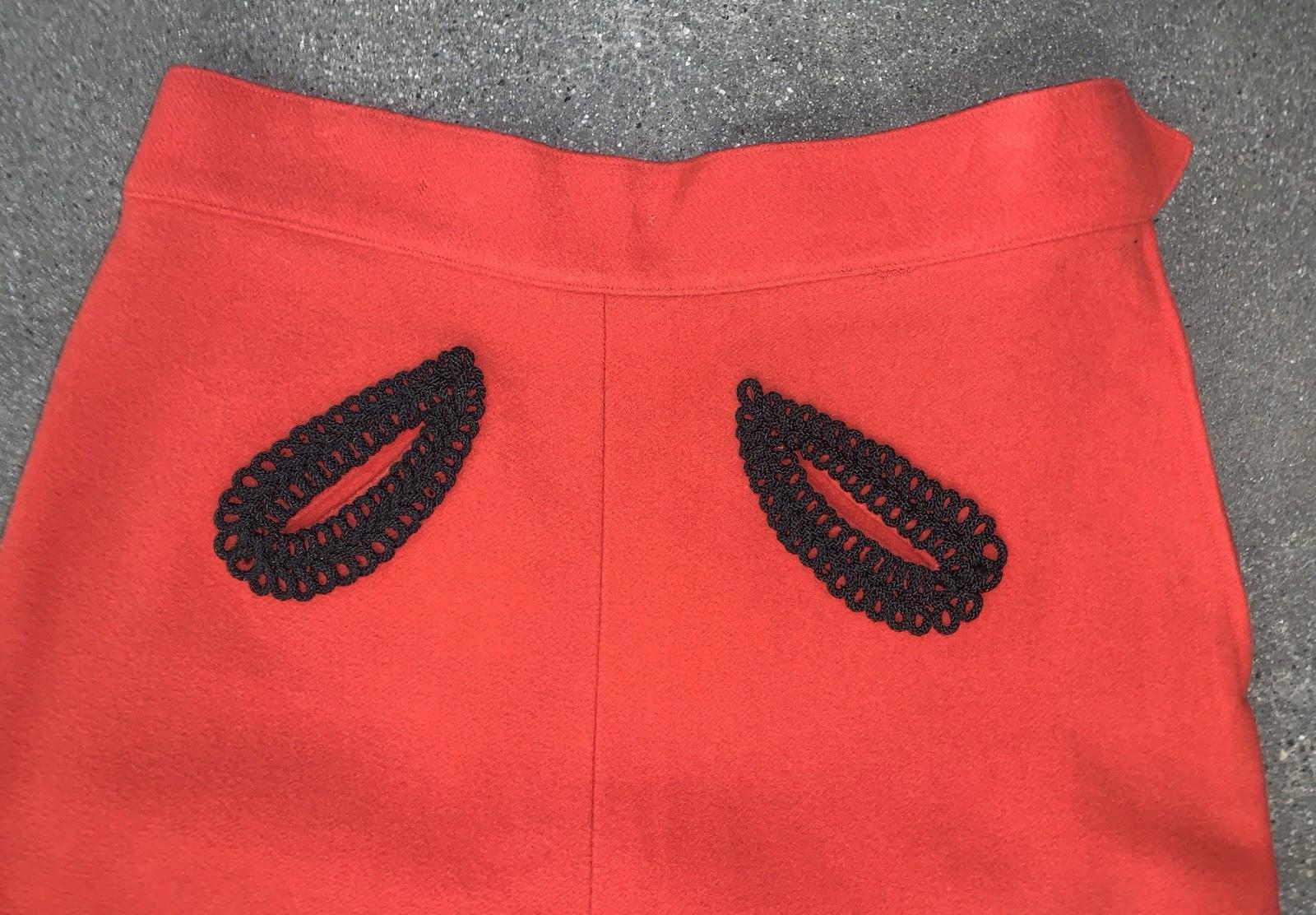 Handmade Vintage Felt Wool Red & Black Pencil Skirt With Trim Size Womens Small
