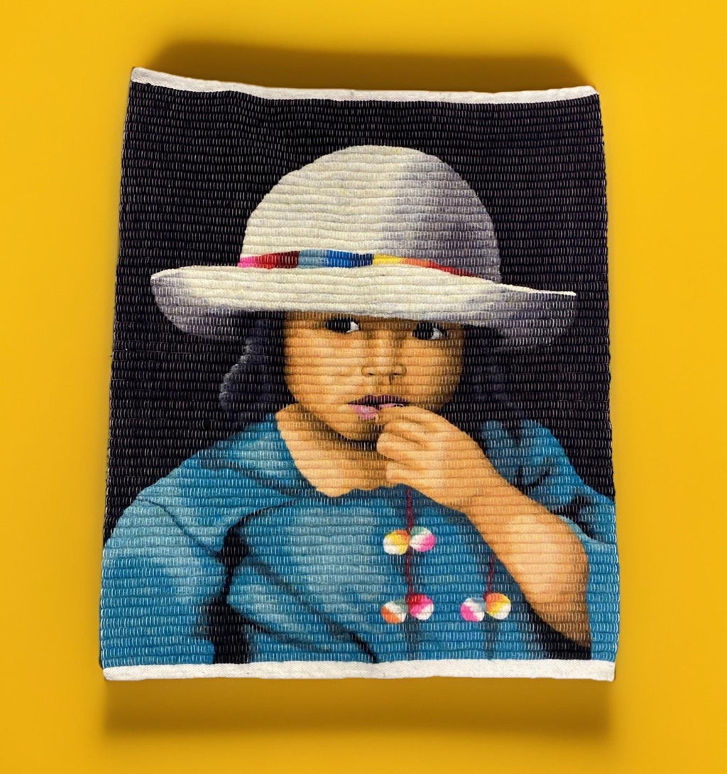 Large Hand Woven South American Folk Art Tapestry Indigenous Child 29.5” X 24”