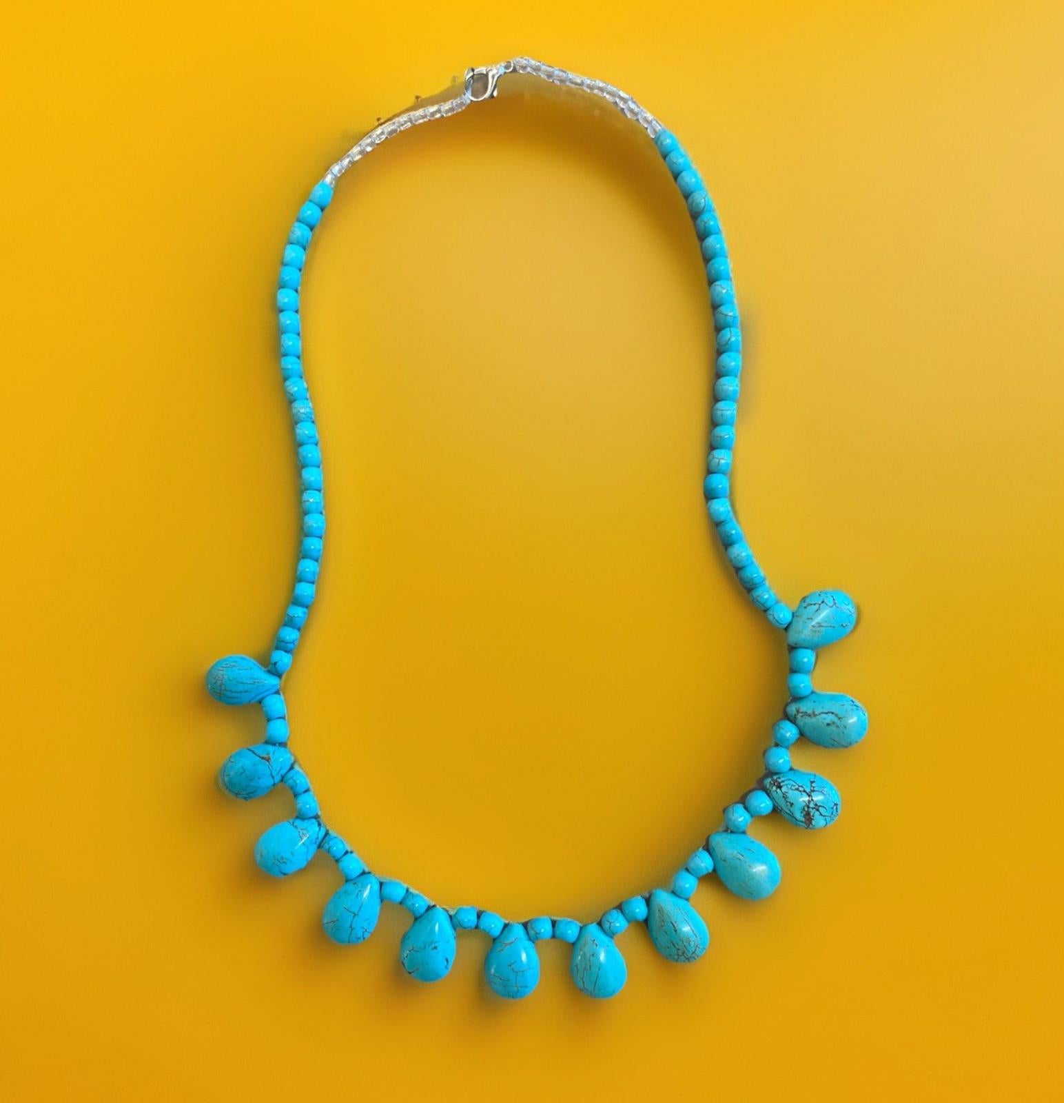 Hand Beaded (Faux?) Turquoise Teardrop Necklace Silver Tone 21 inches long