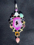 Stunning VTG Large Pink Druzy Crystal 10 Gemstone Pendant 925 Silver Stamped