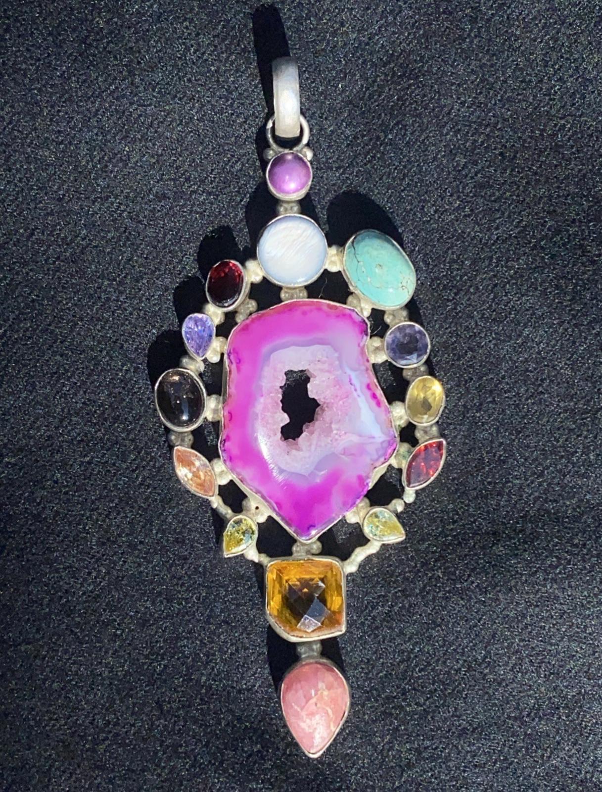 Stunning VTG Large Pink Druzy Crystal 10 Gemstone Pendant 925 Silver Stamped