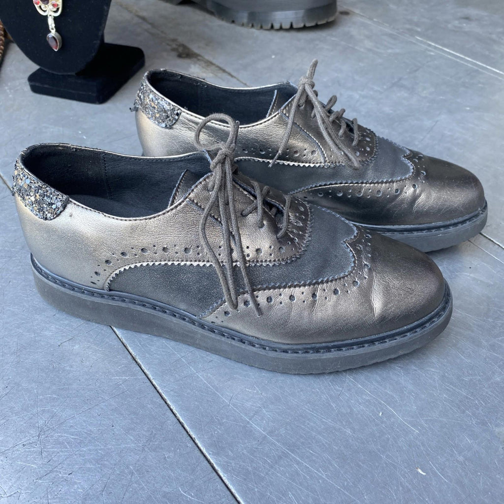 NWOB Geox Respira Thymar Metallic Sparkles Leather Oxford Shoes Wo 37.5 US 7