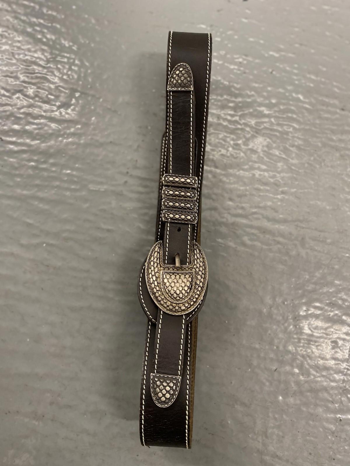 Vintage Black Leather Western Mens Belt Snake Texture Buckle Made In Italy M L
