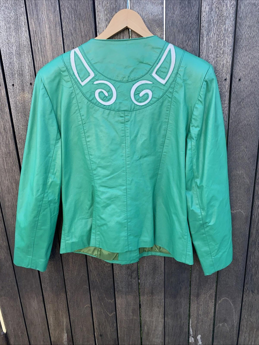 VTG 1980’s COMINT Avante Garde Green & White Appliqué Leather Jacket Womens M