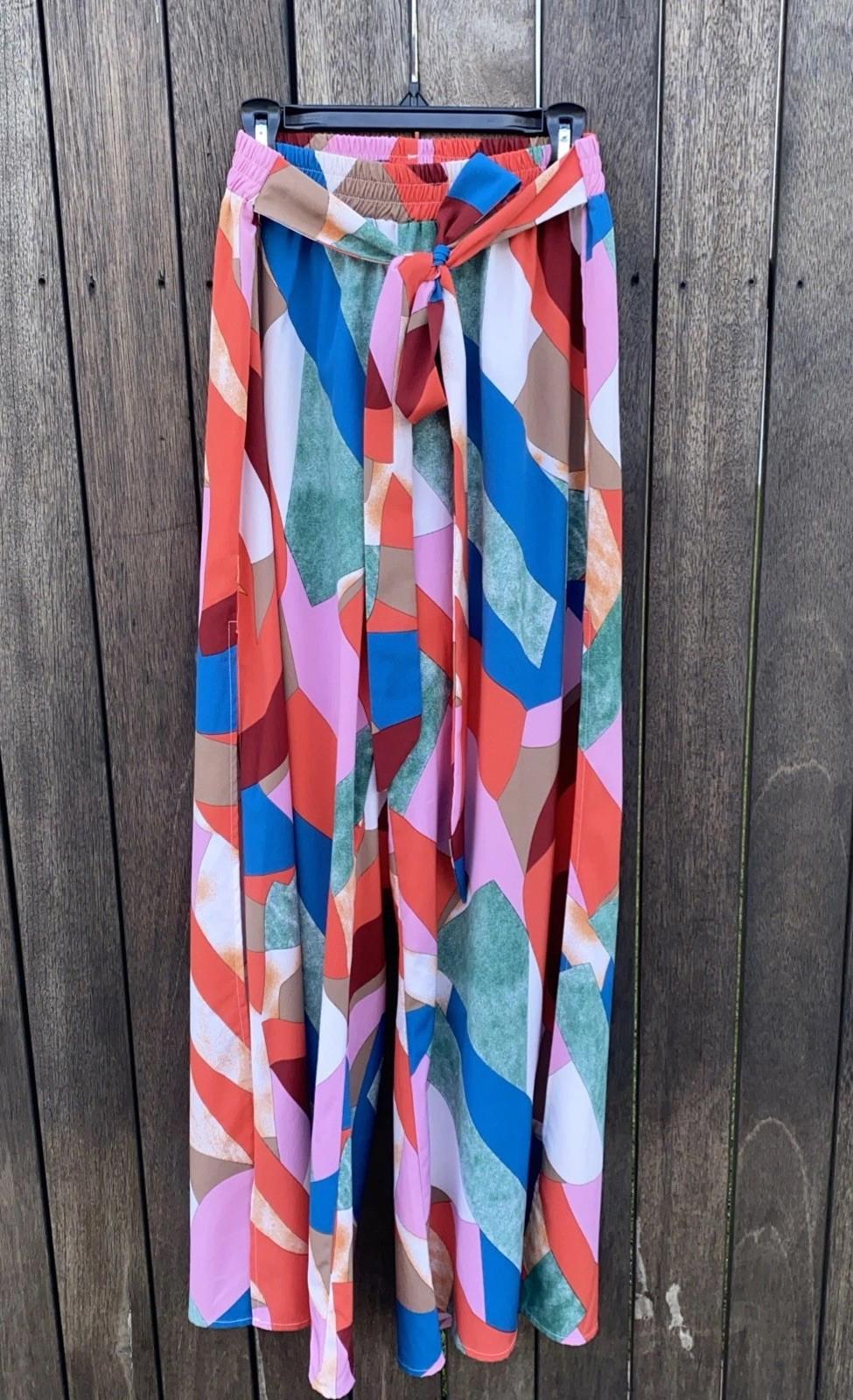 Luukse Wide Leg Elastic Waistband Belt Retro Palazzo Pants Open Slit Sides Med