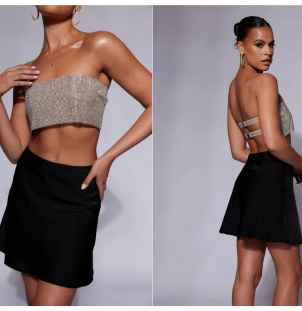 Meshki Diamante Rhinestone Sparkle Bandeau Top Silver Open Back Size L/XL