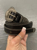 Vintage Black Leather Western Mens Belt Snake Texture Buckle Made In Italy M L