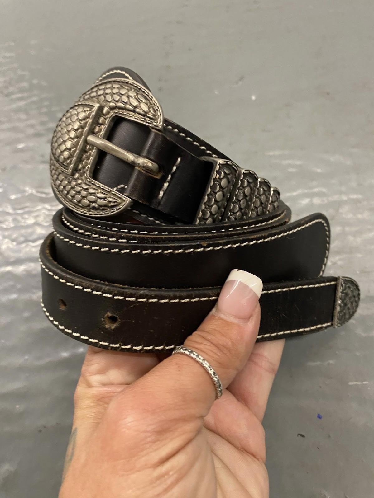 Vintage Black Leather Western Mens Belt Snake Texture Buckle Made In Italy M L