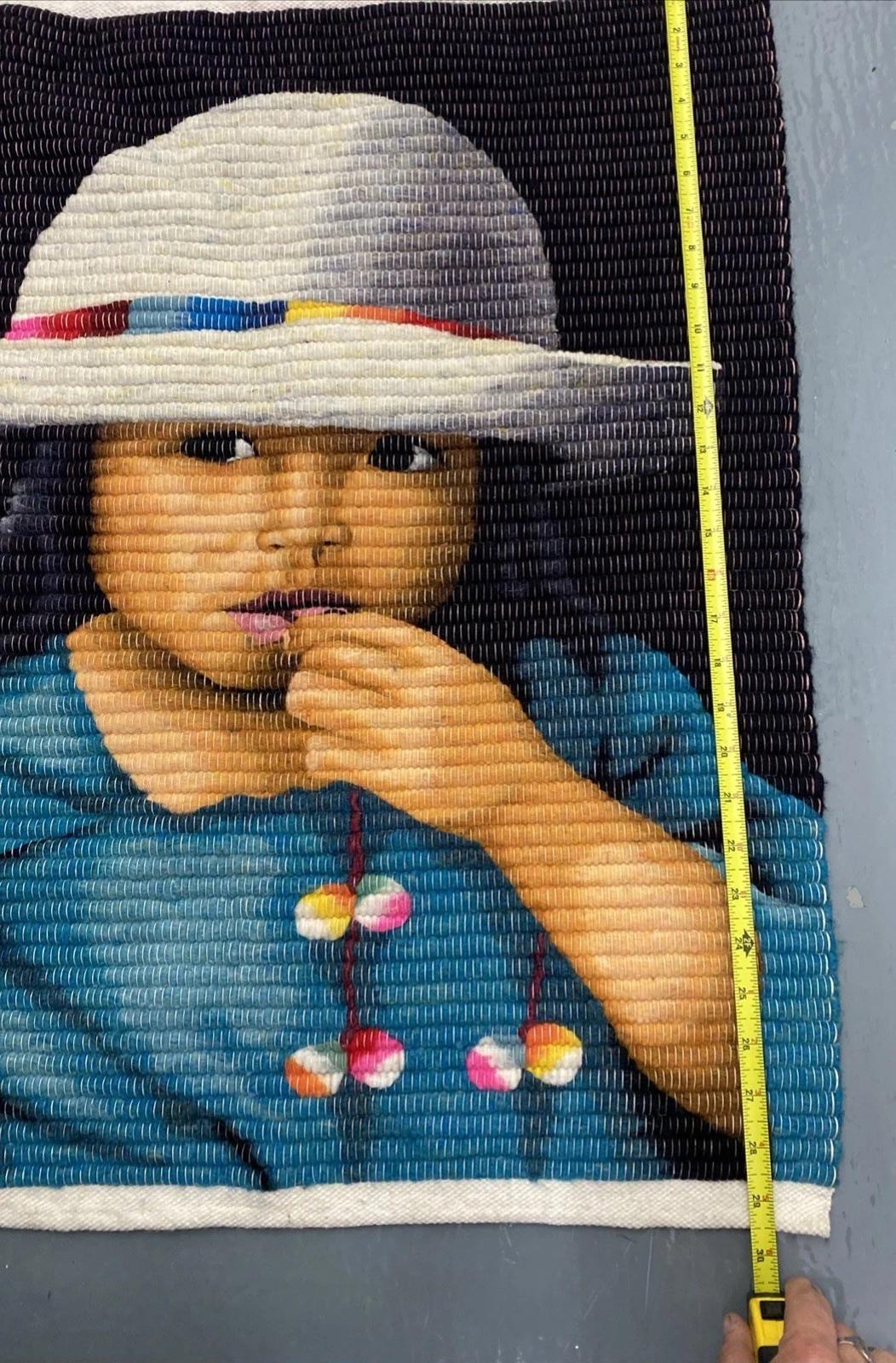Large Hand Woven South American Folk Art Tapestry Indigenous Child 29.5” X 24”
