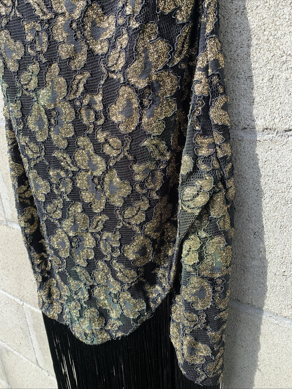 Vintage Tamara’s Midi Dress Off The Shoulder Gold & Black Lace W/ Fringe