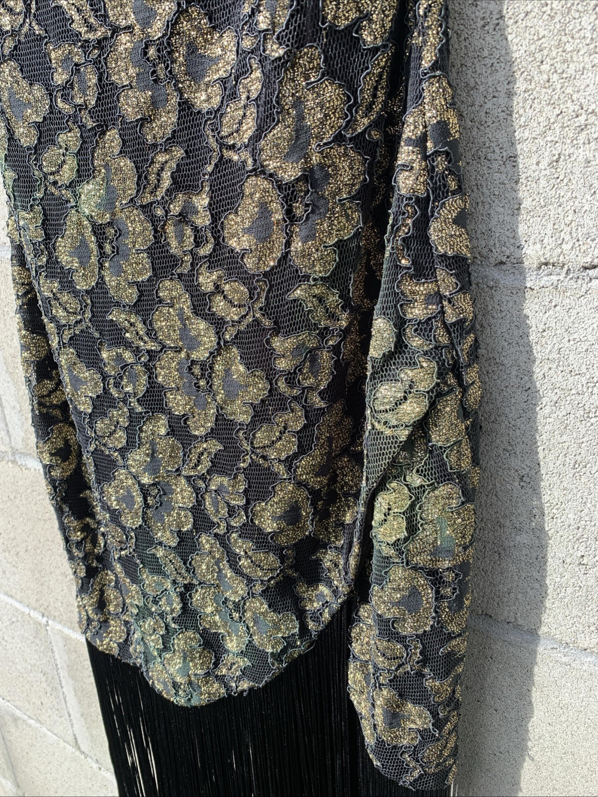 Vintage Tamara’s Midi Dress Off The Shoulder Gold & Black Lace W/ Fringe