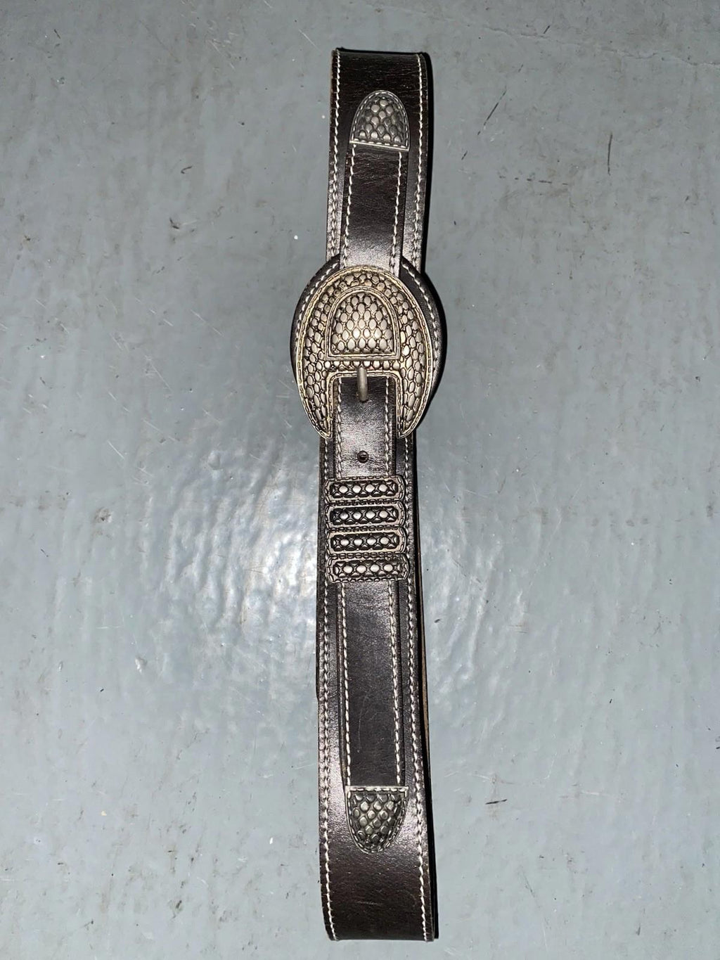 Vintage Black Leather Western Mens Belt Snake Texture Buckle Made In Italy M L