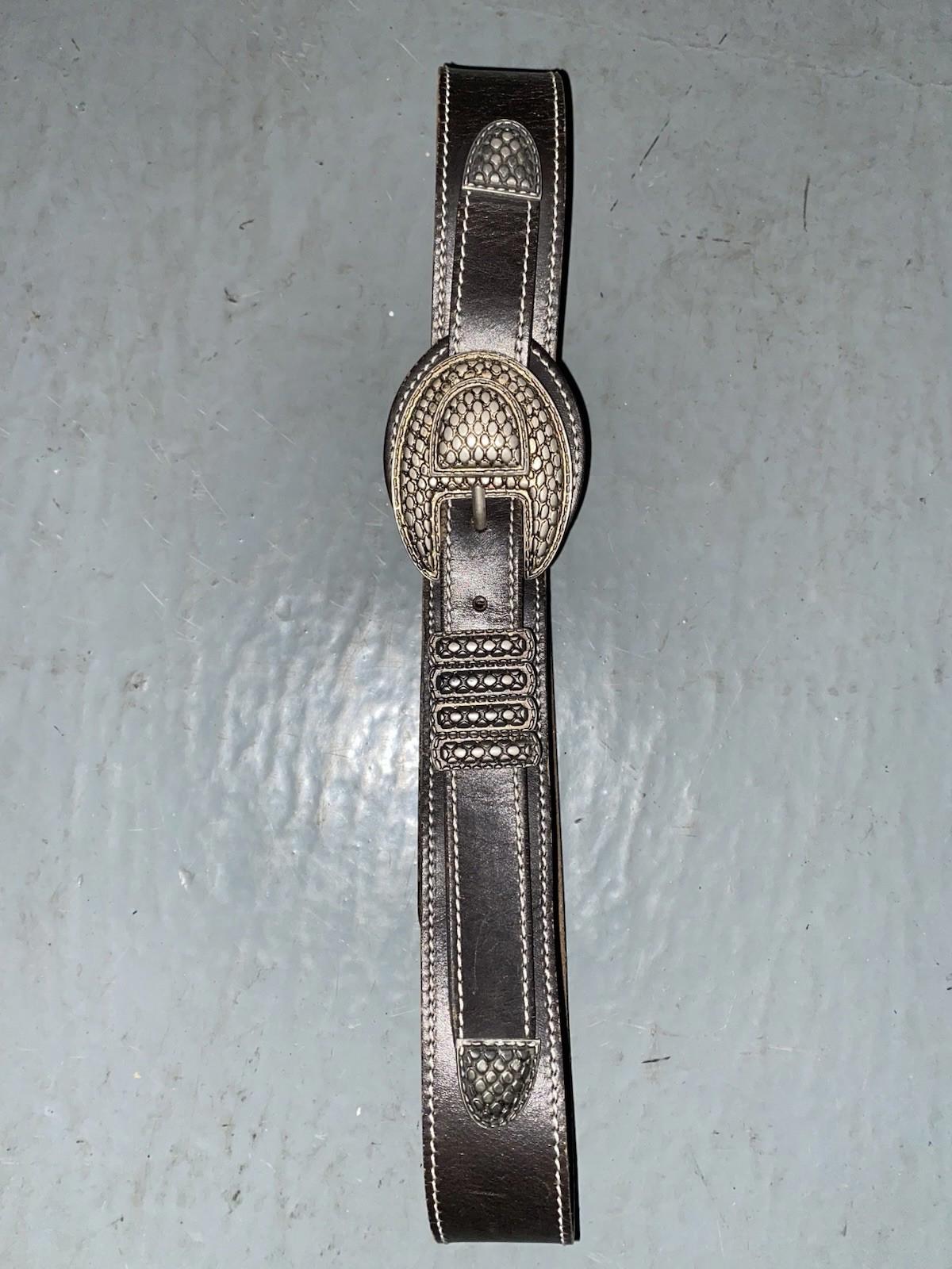 Vintage Black Leather Western Mens Belt Snake Texture Buckle Made In Italy M L
