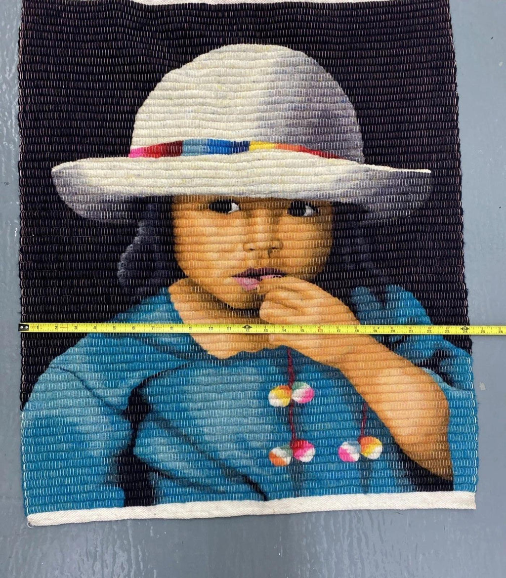 Large Hand Woven South American Folk Art Tapestry Indigenous Child 29.5” X 24”