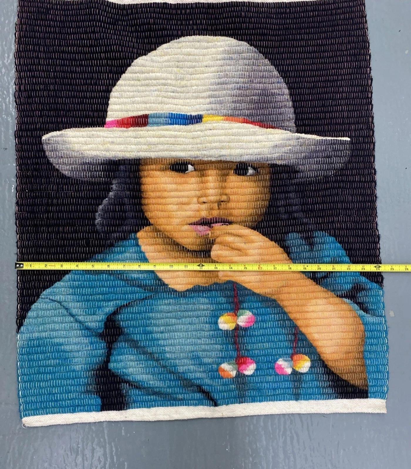 Large Hand Woven South American Folk Art Tapestry Indigenous Child 29.5” X 24”
