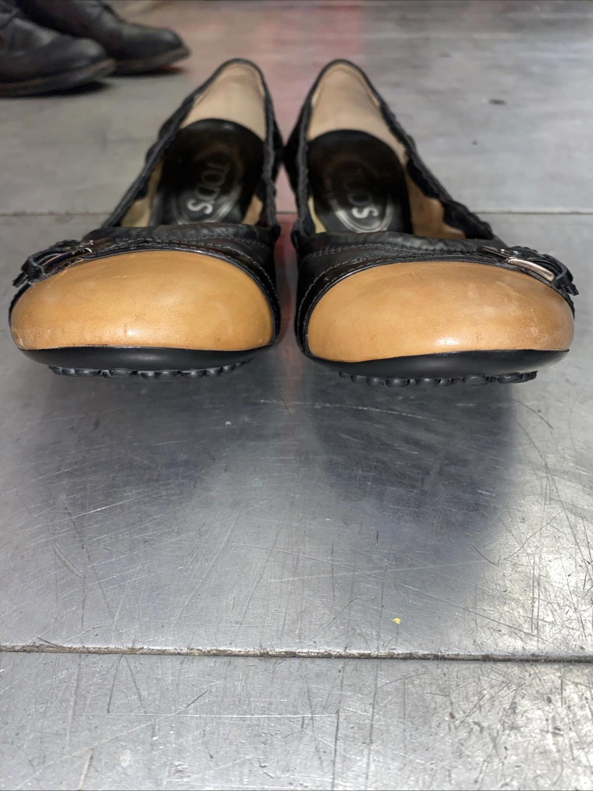 Tods Black & Tan Two Tone Patent Leather Ballet Flats Slip On Size 38.5 Womens