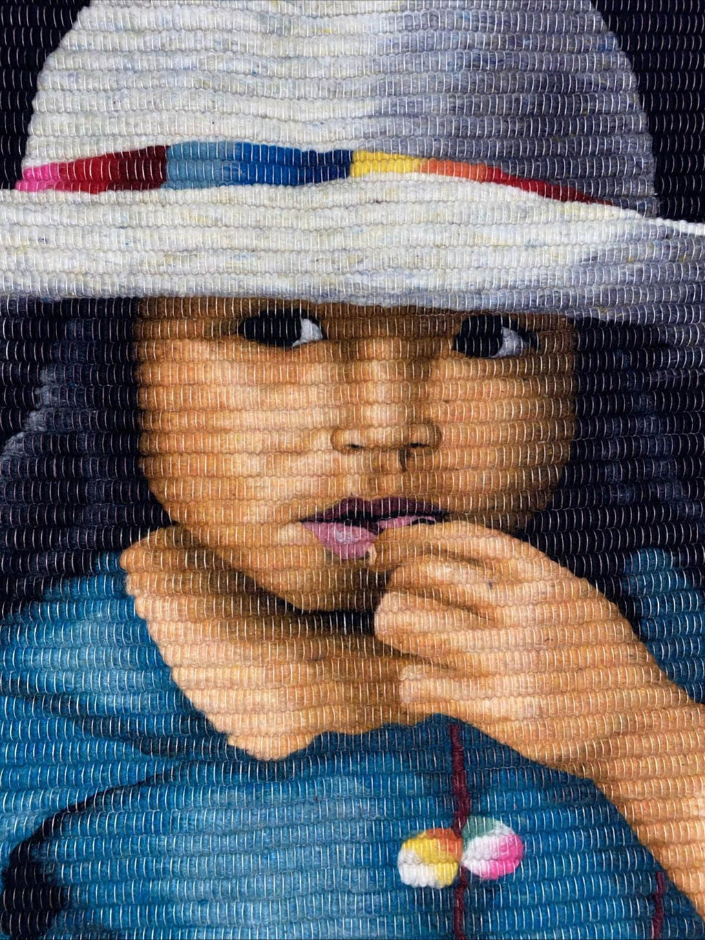 Large Hand Woven South American Folk Art Tapestry Indigenous Child 29.5” X 24”
