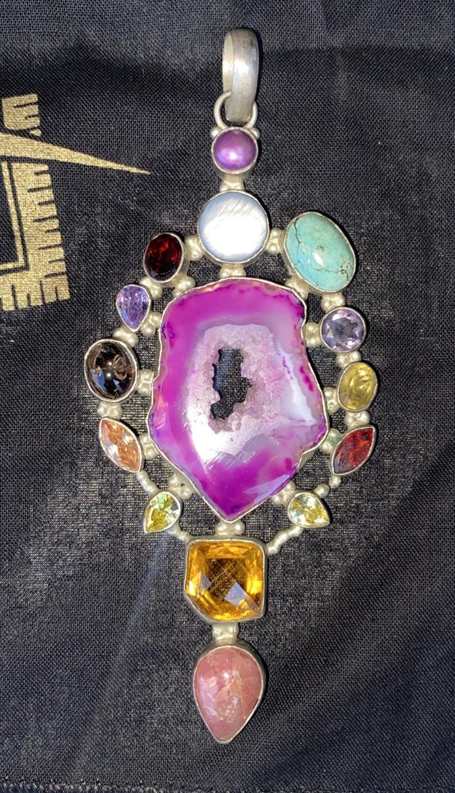 Stunning VTG Large Pink Druzy Crystal 10 Gemstone Pendant 925 Silver Stamped