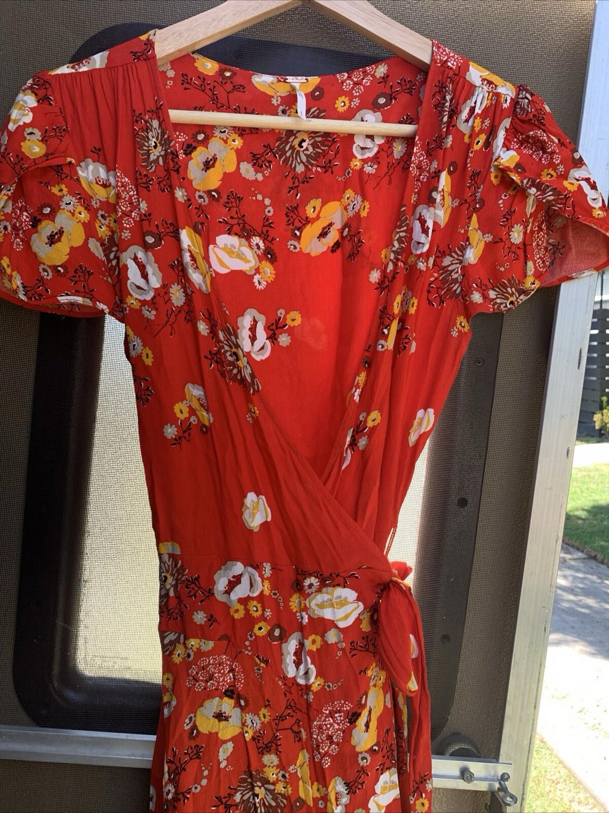 Free People Red Floral Print Wrap Dress Size Small