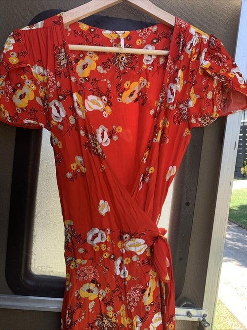 Free People Red Floral Print Wrap Dress Size Small