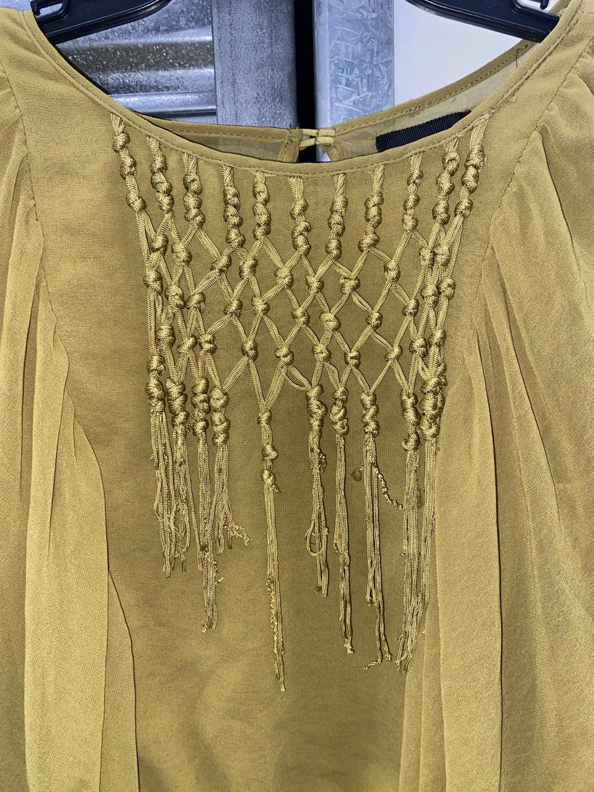 Gorgeous Mustard Yellow Sheer Kaftan Blouse Macrame Neckline Batwing Sleeve Med
