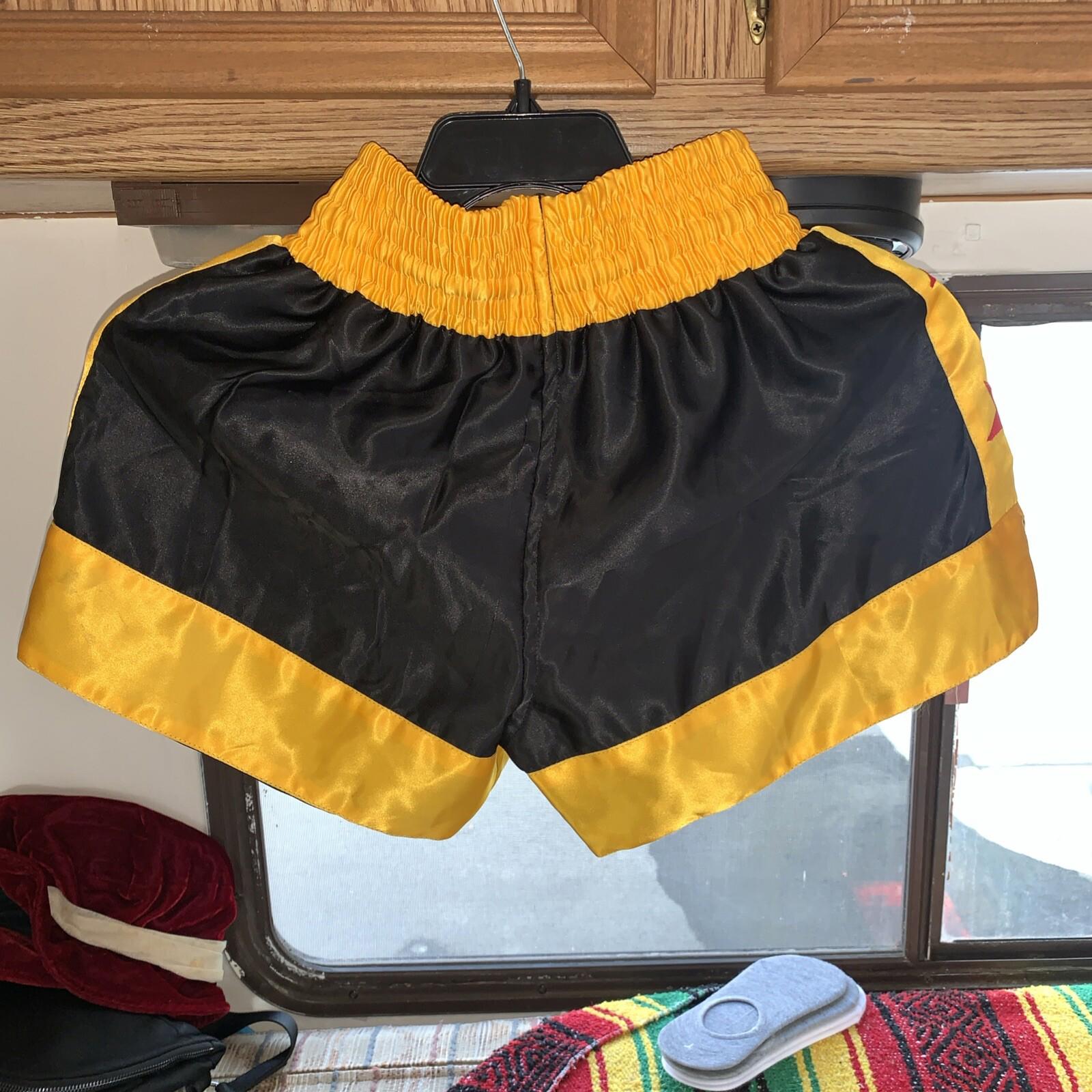 Farabi Muay Thai Kick Boxing Training Satin Black Gold Short Tiger Embroidery