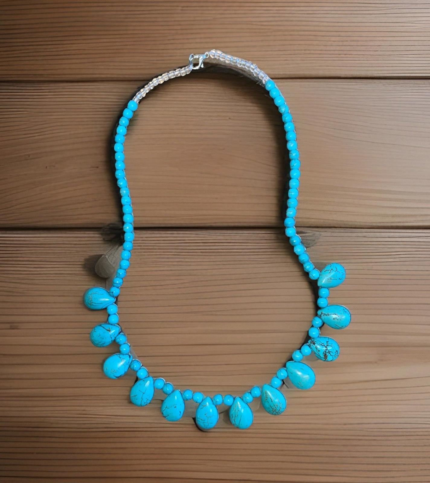 Hand Beaded (Faux?) Turquoise Teardrop Necklace Silver Tone 21 inches long