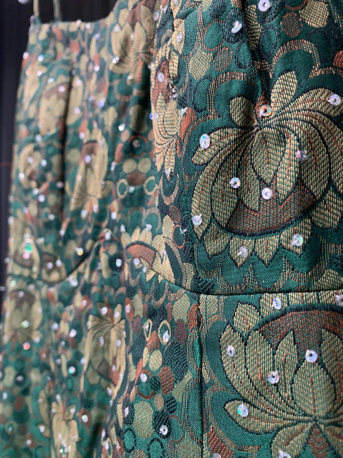 VTG 1960s Handmade Beaded Green & Gold Brocade Dress & Matching  Over Coat Set
